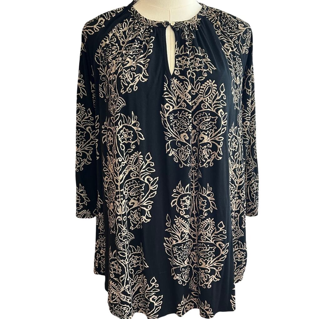 Lucky Brand Women Top Floral Boho Aztec Size 1X Black Keyhole Neck